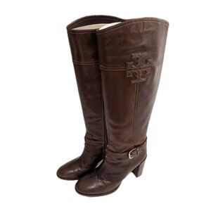 Tory Burch Logo Leather Knee High Heeled Brown Boots Size 10 M